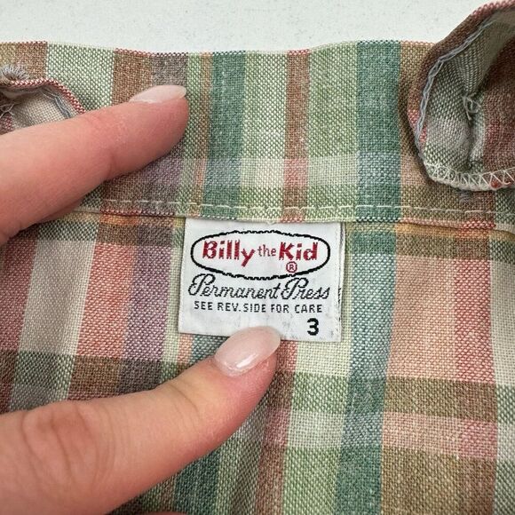 VTG Billy The Kid Shortalls Overalls Plaid Size 3 Unisex Green Tan Rose Pink - Picture 4 of 5